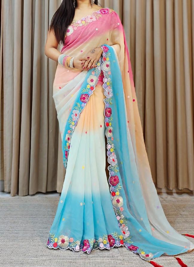 Faux Georgette Multi Color Traditional Wear Embroidery Work Saree